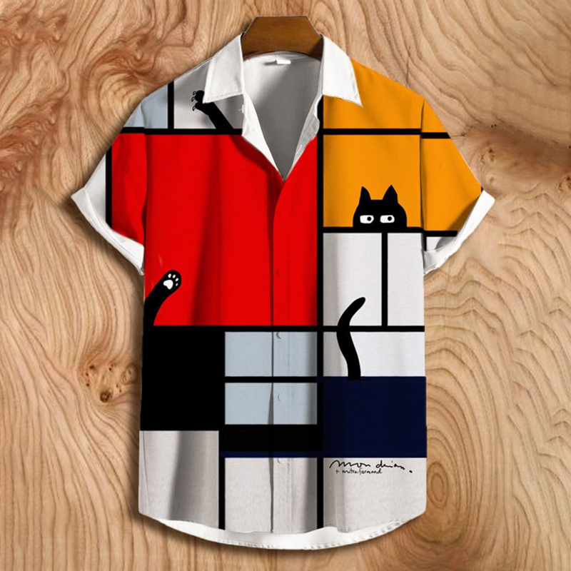 Comstylish Colorblock Mondrian Art Cat Linen Blend Cozy Shirt