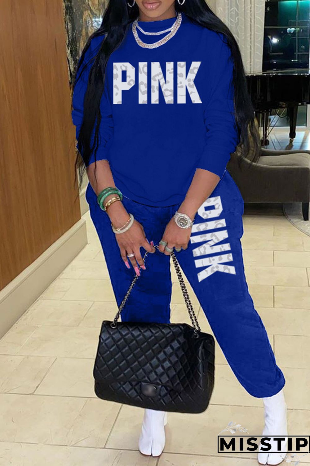 Blue Casual Letter Print Patchwork O Neck Long Sleeve Two Pieces