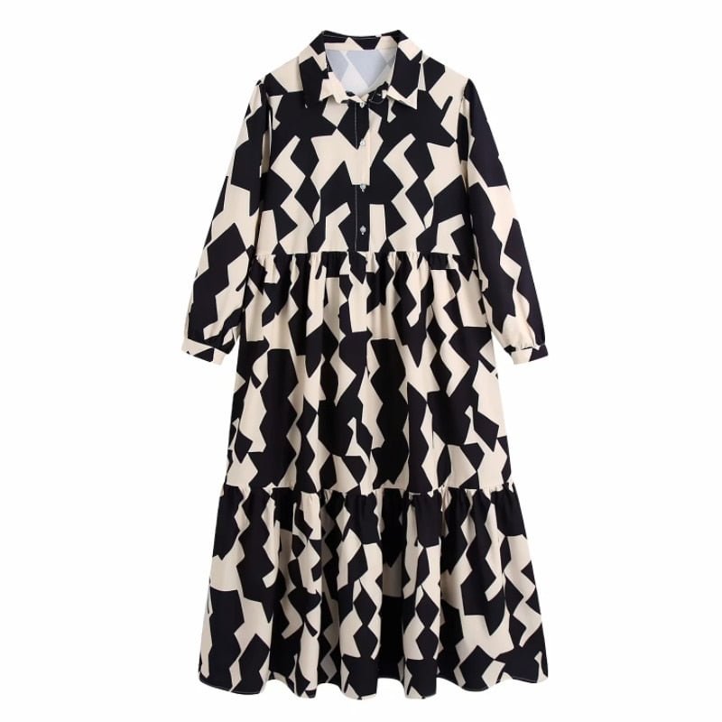 Hot Sale Women Geometric Printing Loose Midi Dress Female Nine Quarter Sleeve Clothes Casual Lady Vestido D8292