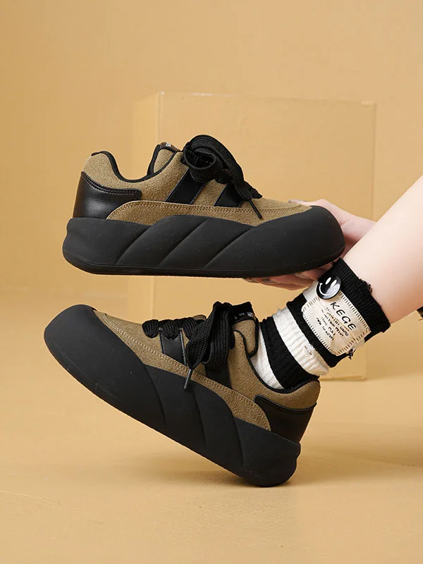 Lace-Up Round-Toe Split-Joint Flat Shoes