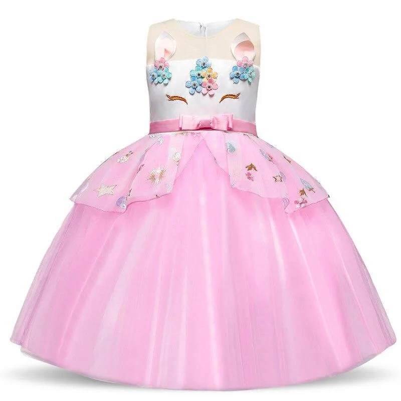 Rainbow Cake Girls Unicorn Dress Long Tail Train Dress Baby Girl Princess Birthday Party Ball Gown Kids Horse Clothes Hairband