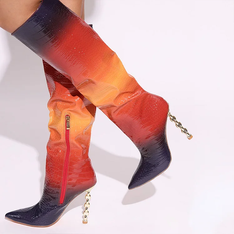 Multicolor Patent Knee Booties Pointed Stiletto Heels Gradient Boots Vdcoo