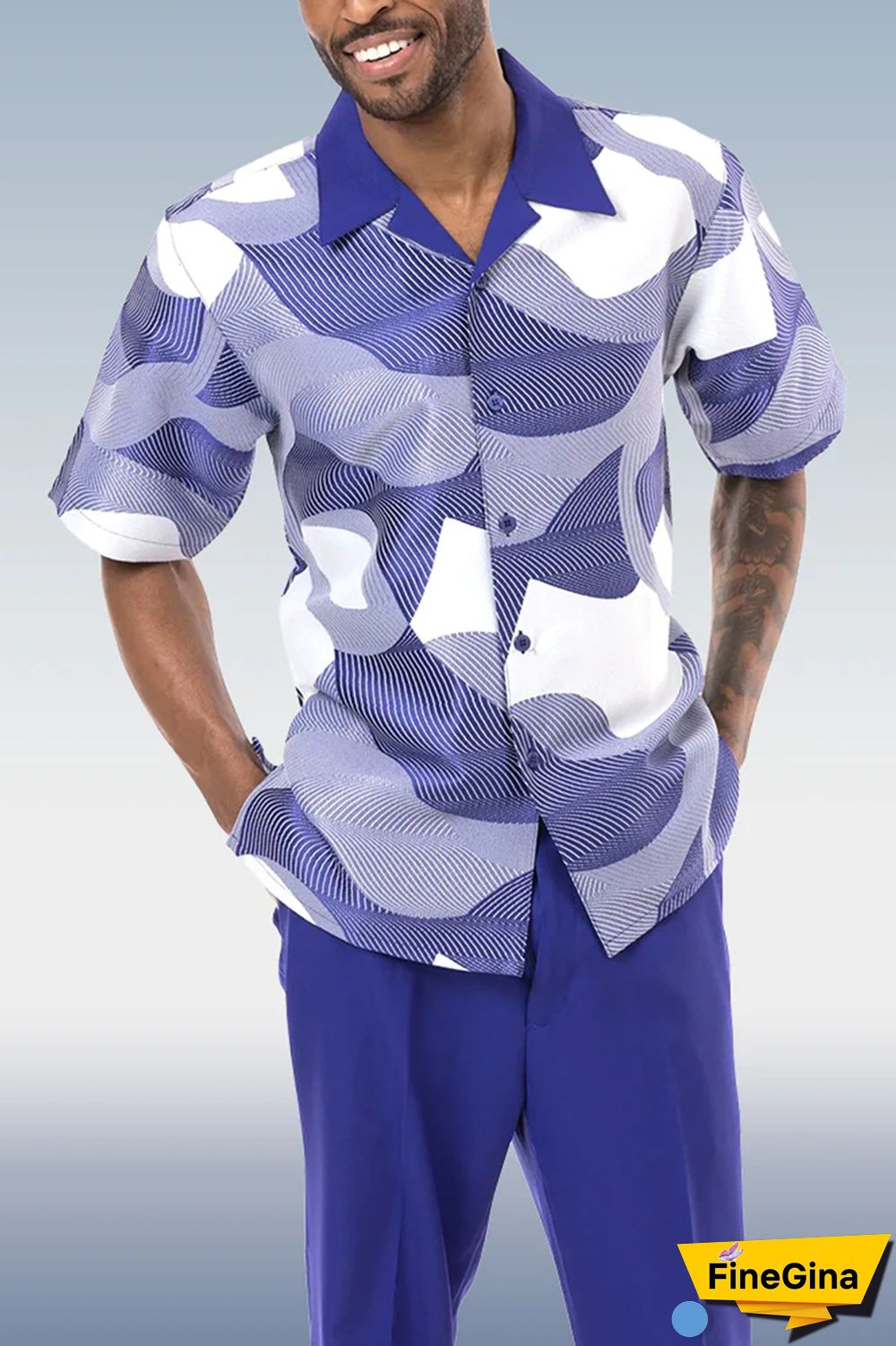 Blue Purple Purple Abstract Design Walking Suit 2 Piece Short Sleeve Set