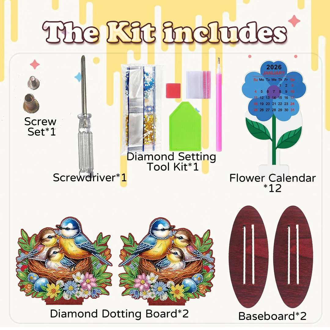 2026 Calendar DIY Diamond Painting Kit Bird Wooden Diamond Painting Calendar