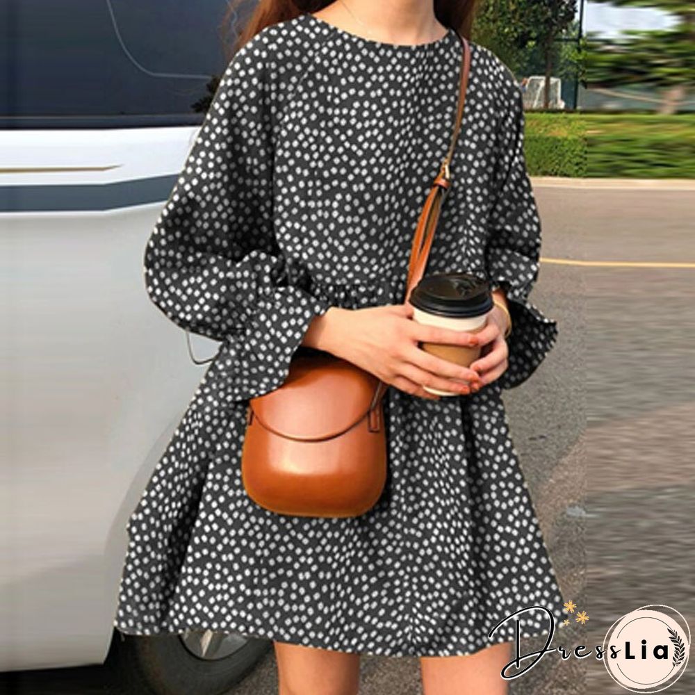 Womens Fashion Small Fresh Long Sleeve Neck Dress Early Autumn Dot Print Mini Ladies
