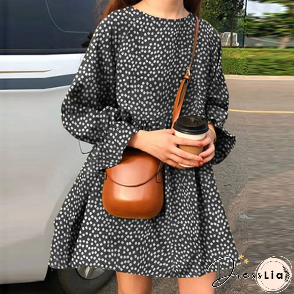 Womens Fashion Small Fresh Long Sleeve Neck Dress Early Autumn Dot Print Mini Ladies