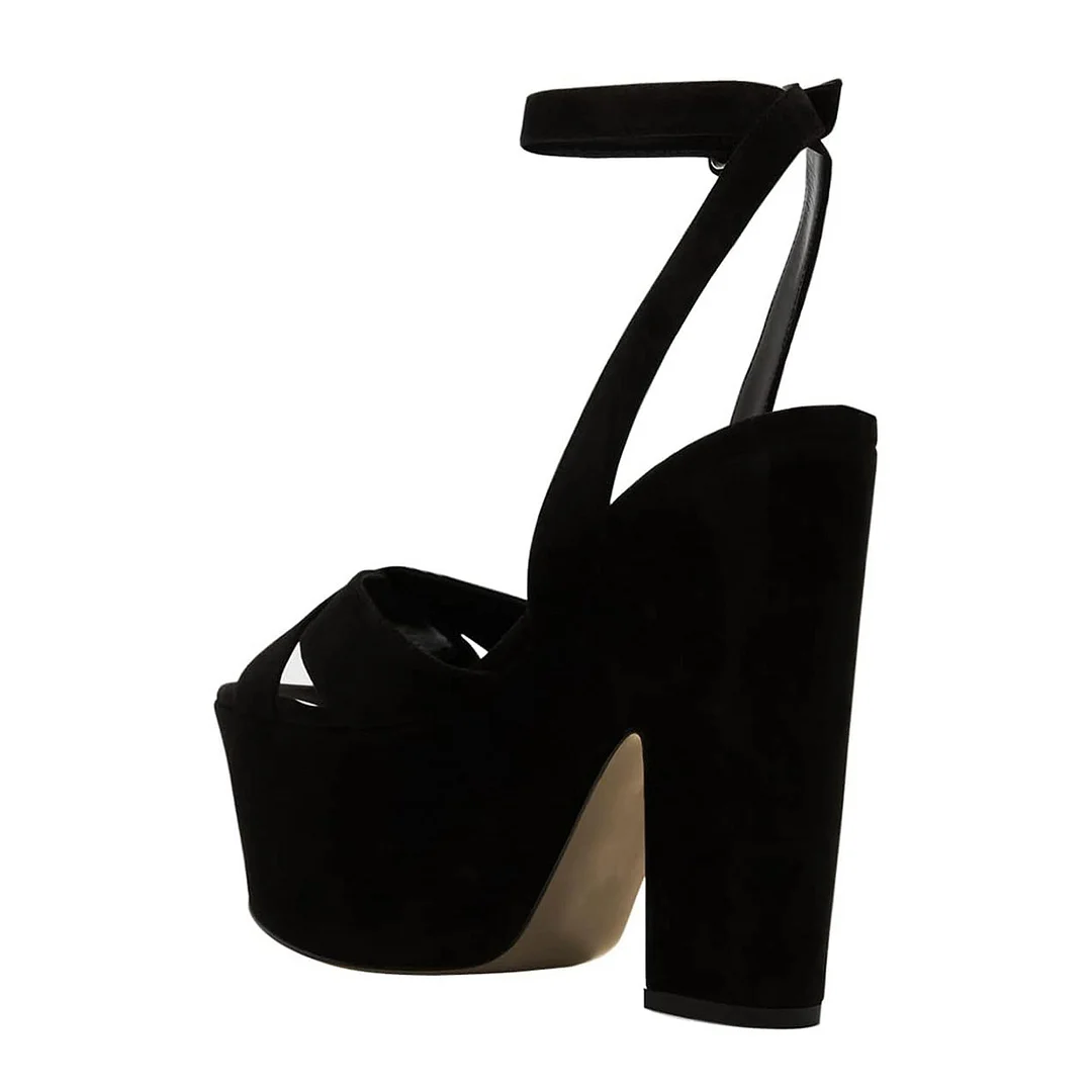 Open Toe Chunky Heel Buckle Ankle Strap Black Platform Sandals