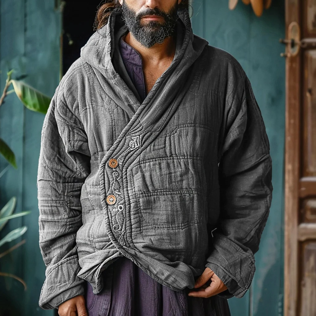 Men's Linen Bohemian Ethnic Casual Padded Hoodie Jacket-inspireuse