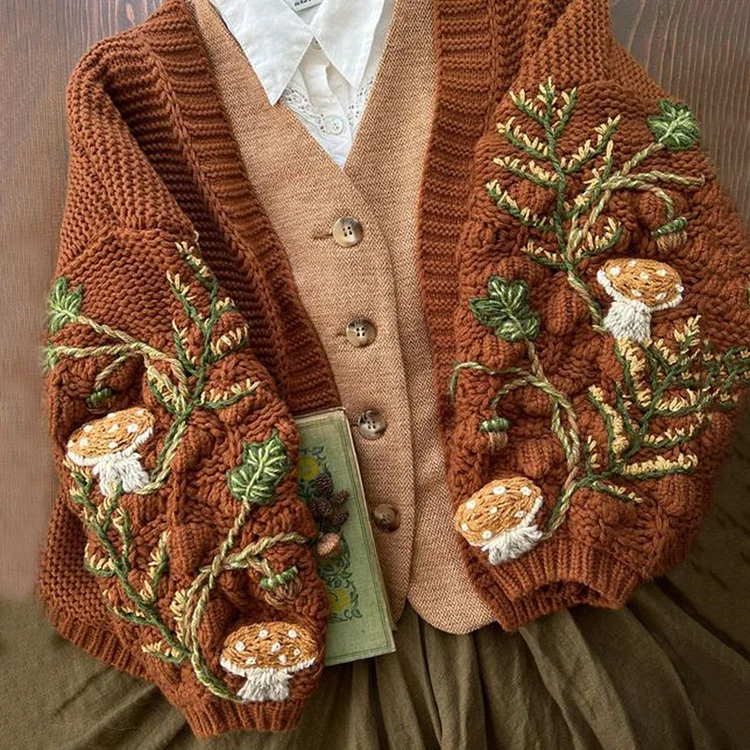 VChics Vintage Mushroom Floral Pattern Cozy Warm Sweater