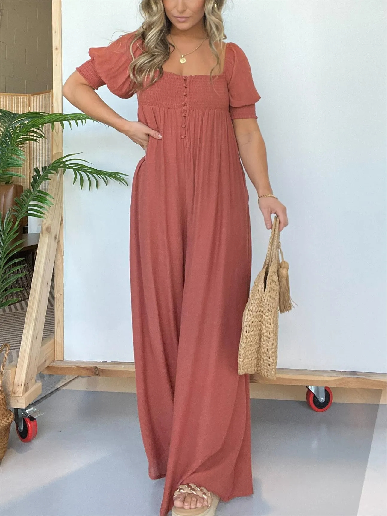 2024 New Square Neckline Jumpsuit With Smocked Bodice Button - tree - Codlins