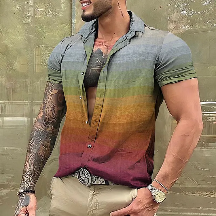 Men's Retro Rainbow Stripe Lapel Short Sleeve Shirt 52770602TO