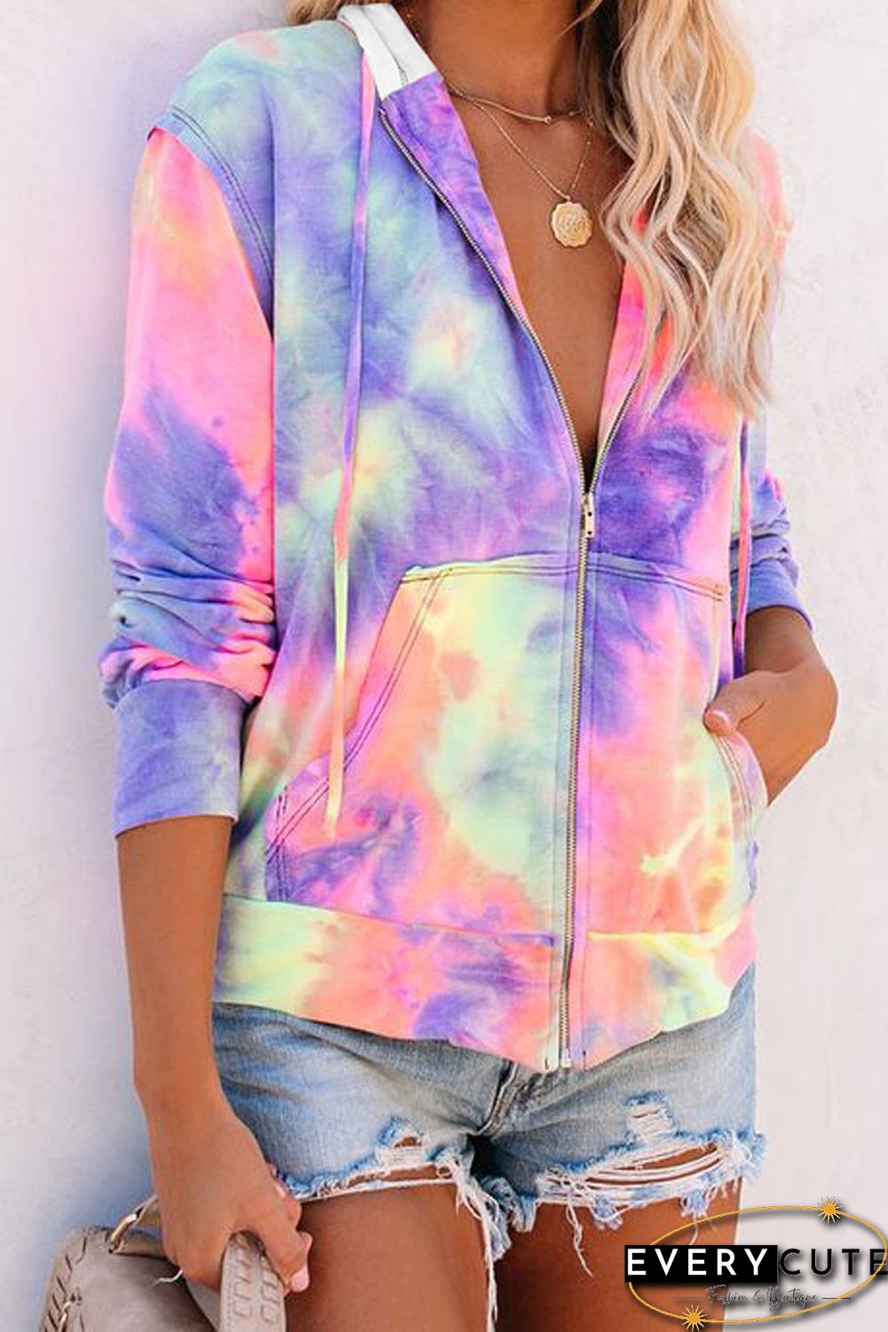 Multicolor Tie-dye Pocket Zip Up Hoodie
