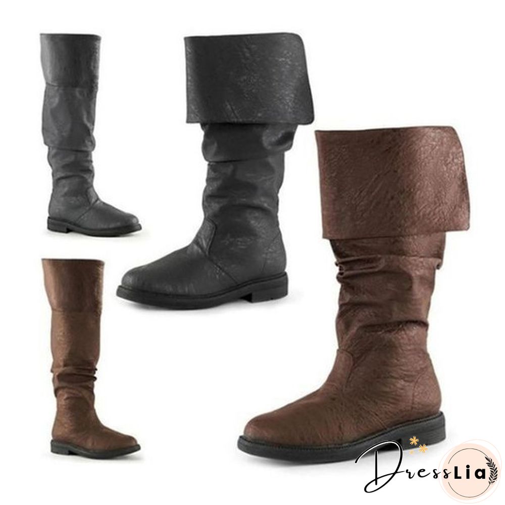 New Couple Boots Robin Hood Boots Men's Flat Heel Cuffed Knee High Renaissance Boots Medieval Black Brown Pu Shoes