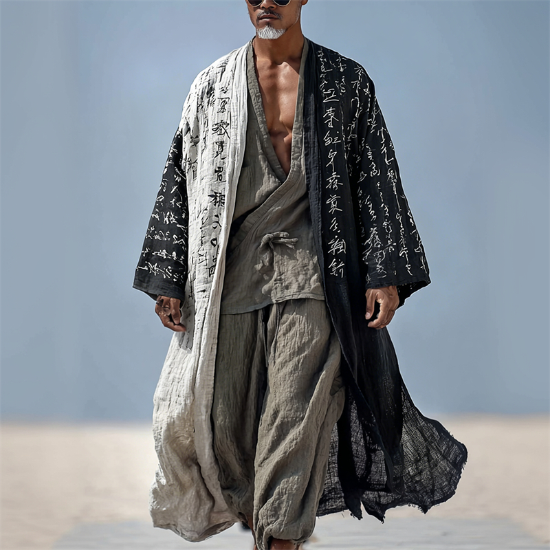 Men's Japanese Calligraphy Contrast Art Flowy Linen Long Kimono  artssus