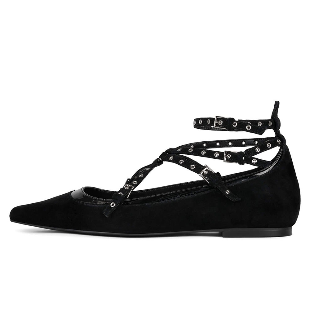 Black Pointed Toe Fashion Strappy Ballet Flats with Buckle Nicepairs