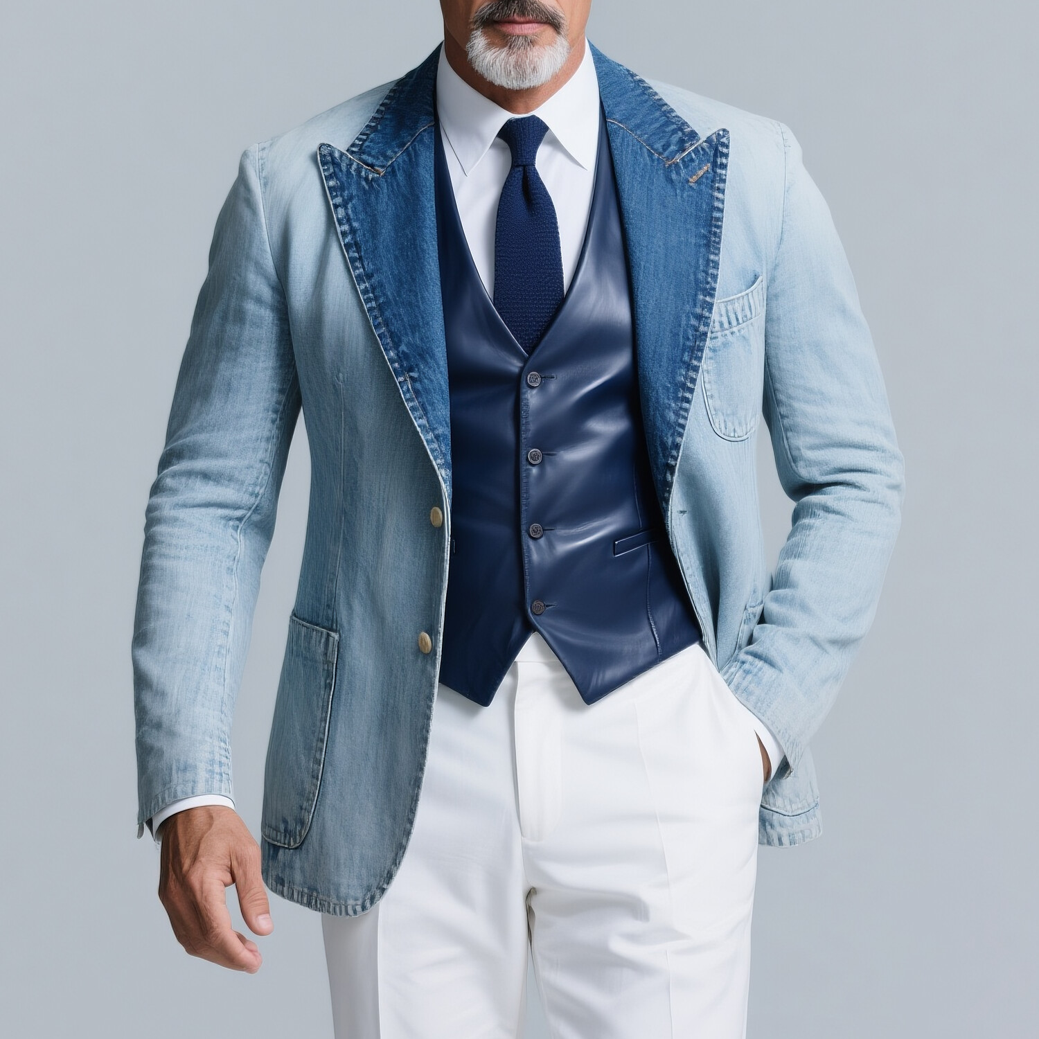 Men's Denim Peaked Lapel Long Sleeve Single Breasted Patch Pocket Blazer