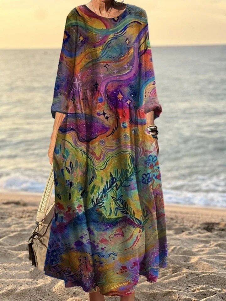 Women's Colorful Wave Print Pocket Cotton Dress