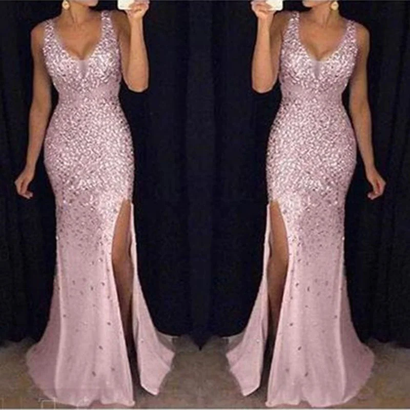 Uveng Uveng 2025 New Women's Open-Fork Gold Dress Dress Dress Evening Dress Dress