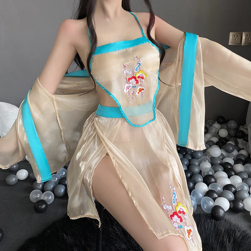 Billionm OJBK Chinese Ancient Women Outfit Erotic Embroidery Underwear Sexy Lingerie Fancy Cosplay Dress Sexy Mesh Lace Floral Nightgowns