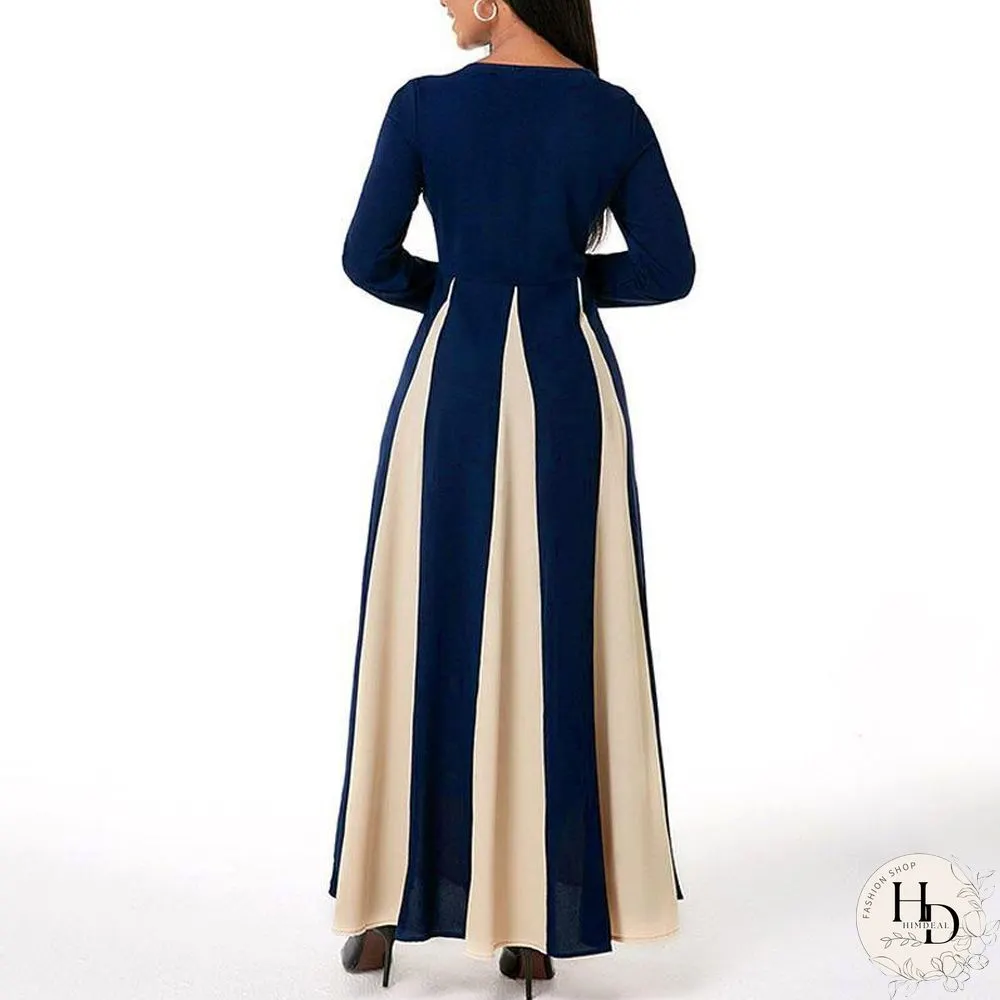 Color Joint Round Neck Women Retro Printed Long Sleeve Dress
