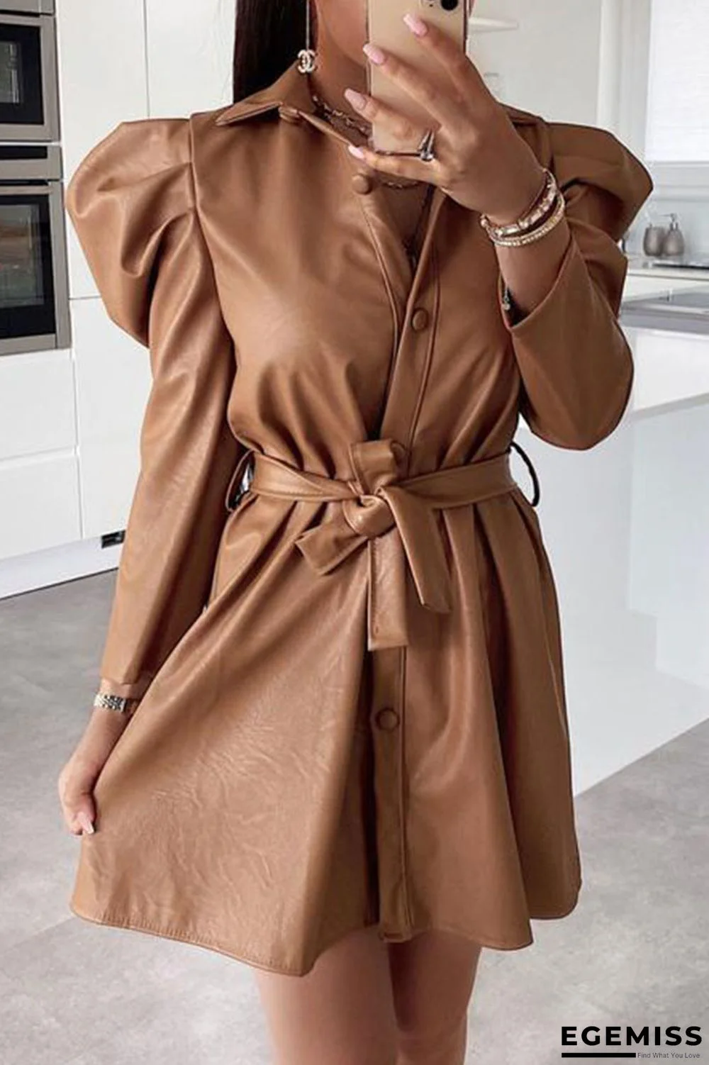 Khaki Fashion Casual Solid Patchwork Buckle Turndown Collar A Line Dresses | EGEMISS