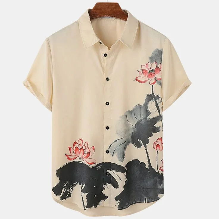 Simpfit Herren Urlaub Vintage Tinte Malerei Lotus Kunst Hawaiian Shirt