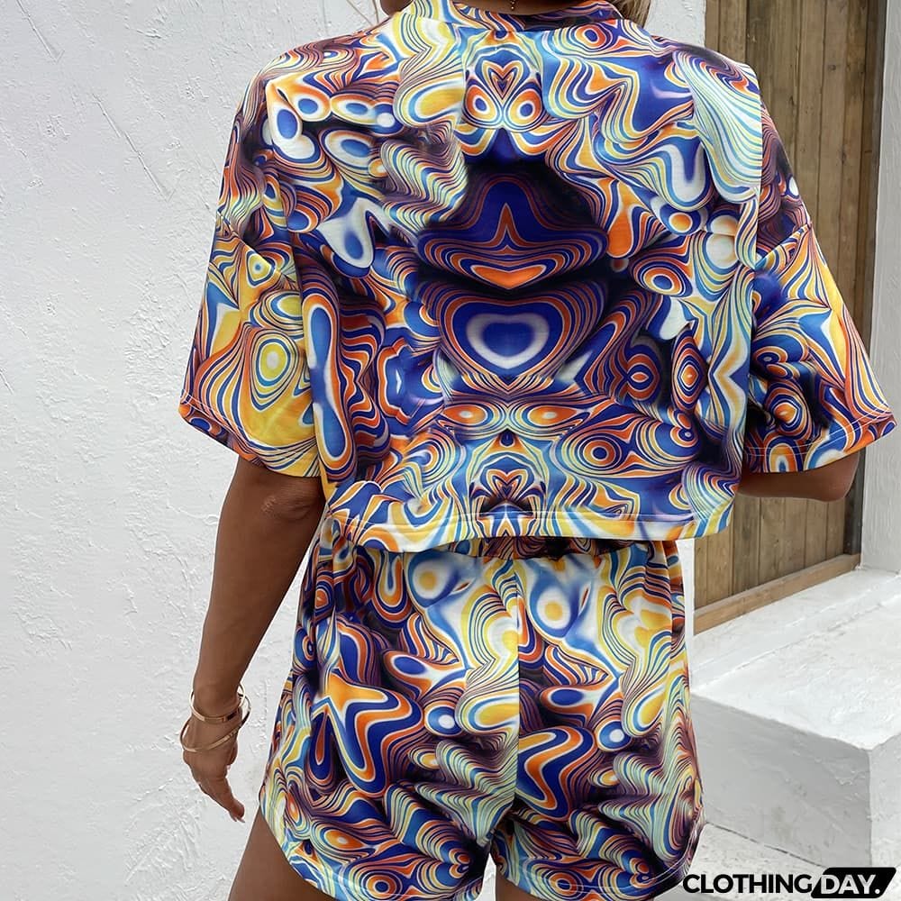 Printed Round Neck Dropped Shoulder Half Sleeve Top and Shorts Set