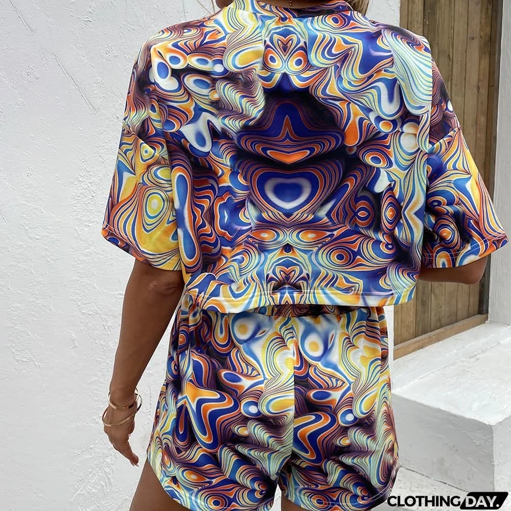 Printed Round Neck Dropped Shoulder Half Sleeve Top and Shorts Set