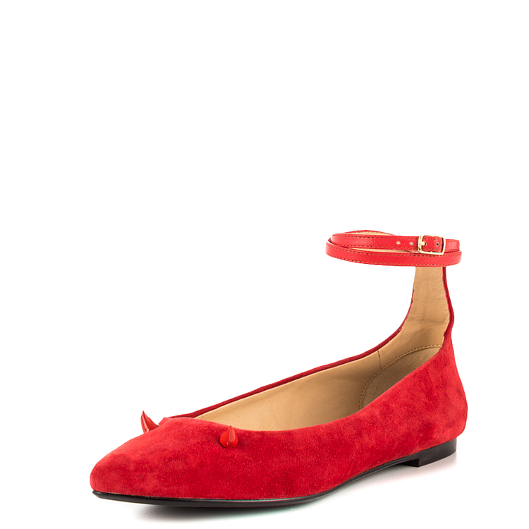 Red Vegan Suede Shoes Ankle Strap Little Demon Comfortable Flats |FSJ Shoes