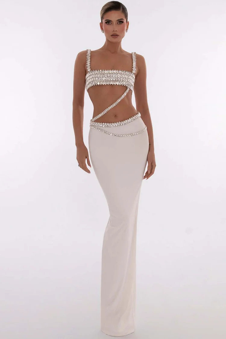 Rhinestone Cut Out Two Piece Skirt Set-White