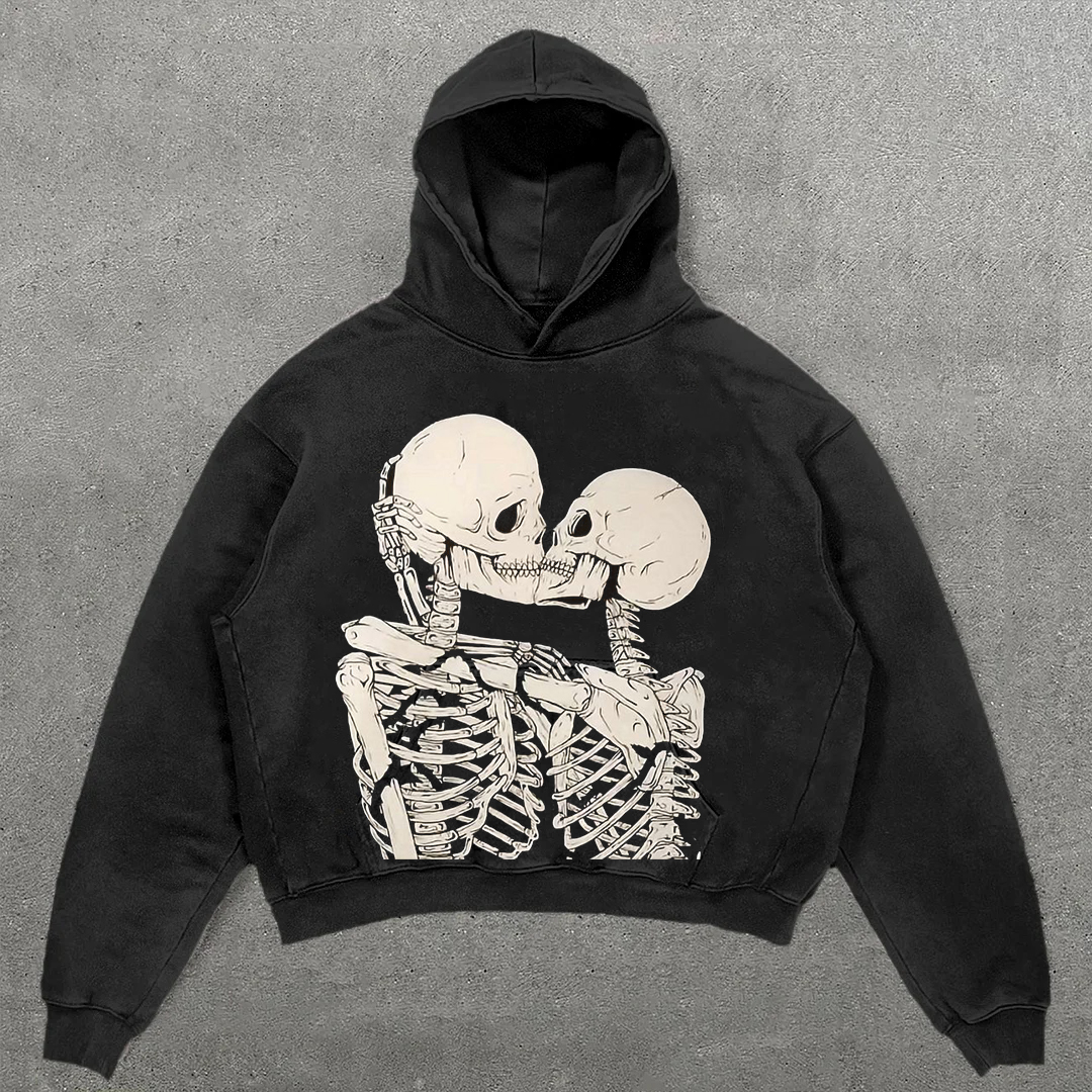 Personalized Skull Kiss Print Washed Hoodie