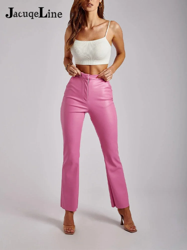 Jacuqeline 2021 PU Leather Women Pants High Waist Pants Vintage Brwon Elegant Lady Clothing Straight Long Trousers Autumn Winter