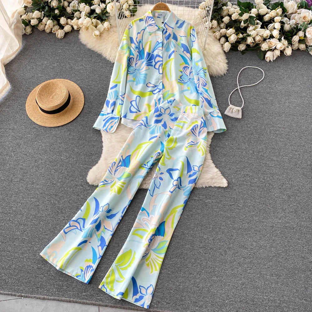Cartoonh Print Fashion Casual Two Pieces Suits Long Sleeves Blouse+ Hight Waist Wide Leg Long Pants Office Lady Autumn Sets