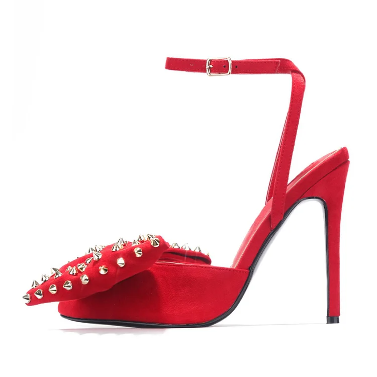 Red Ankle Strap Party Pumps with Bow and Rivets - High Heels Shoes Vdcoo
