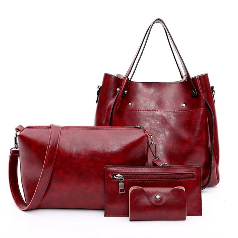 Women's Large Pu Leather Solid Color Vintage Style Classic Style Bucket Zipper Bag Sets4