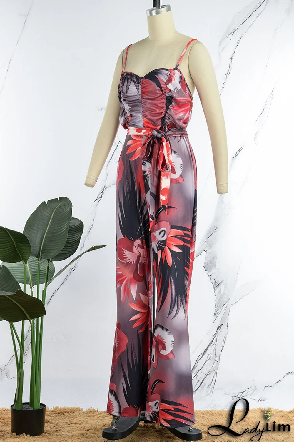 Red Sexy Print Bandage Patchwork Spaghetti Strap Regular Jumpsuits