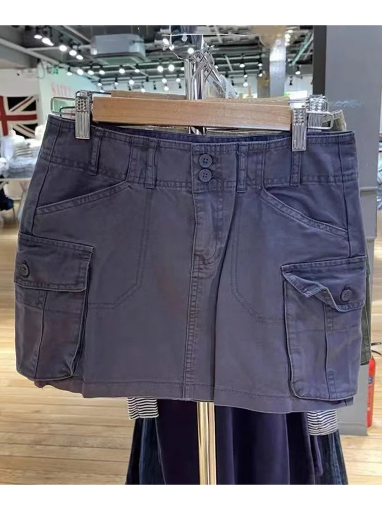 Aonga Casual Women Solid Cargo Pants Women Pockets High Waist A-line Mini Skirts Female Y2k Streetwear Cotton Bottoms 2025 aonga