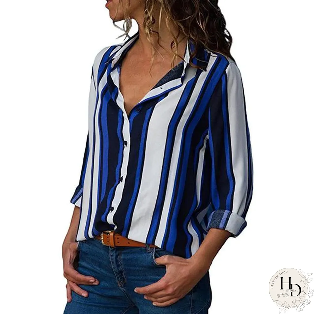 Women Color Block Striped Shirt Elegant Casual Long Sleeve Blouse