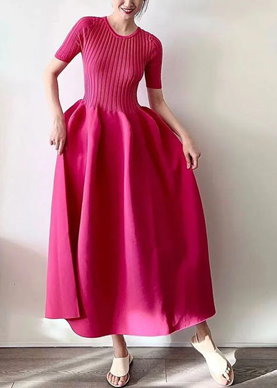 Handmade Rose O-Neck Knit Patchwork Fake Two Pieces Maxi Dress Short Sleeve