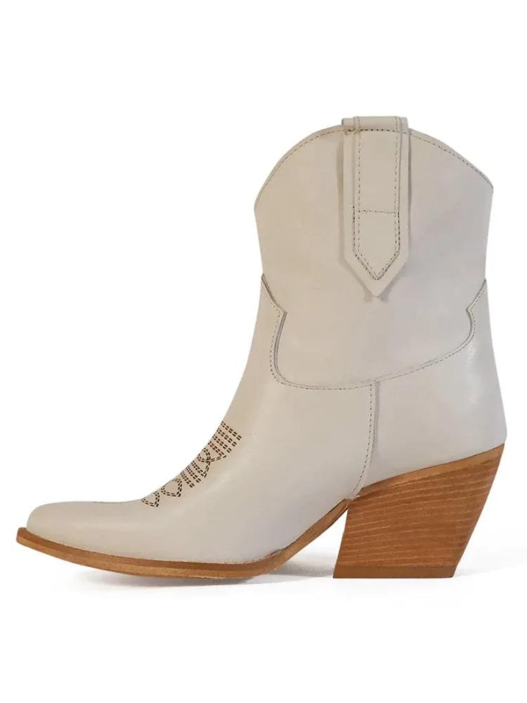 White Cowgirl Ankle Boots Embroidery Slanted Block Heel Western Booties