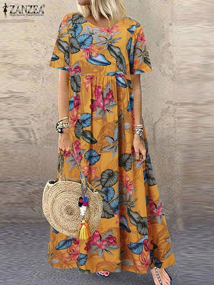 2022 ZANZEA Bohemian Holiday Sundress Summer Women Vintage Floral Printed Short Sleeve Beach Dress Loose Long Vestido Robe Femme