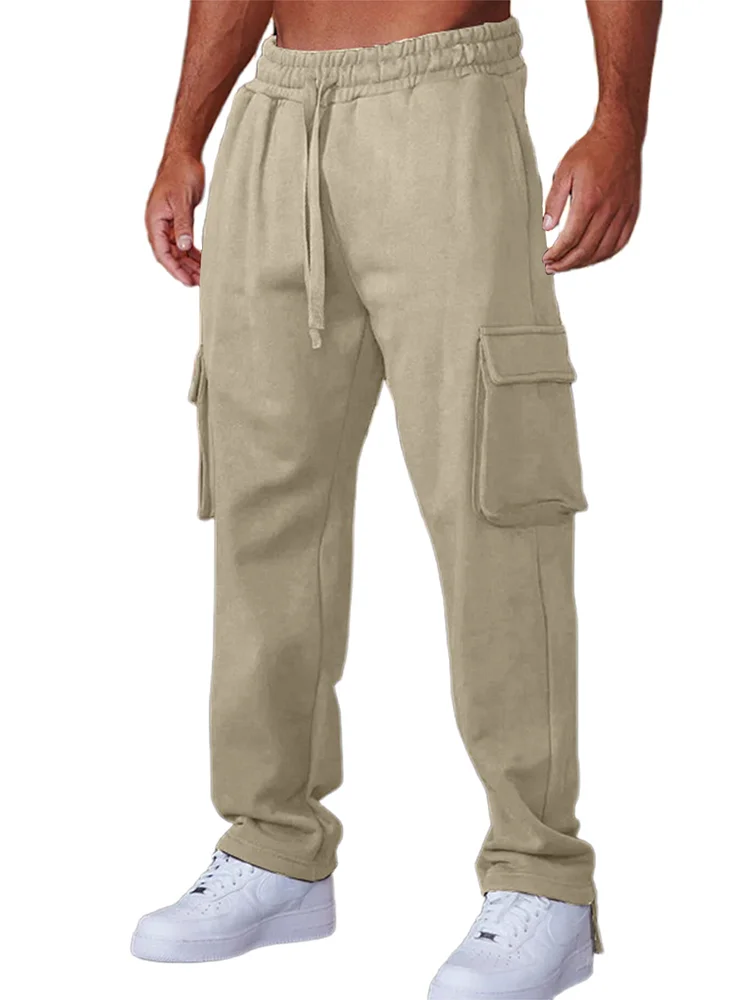 Men's Casual Multi-Pocket Drawstring Solid Color Straight Cargo Pants