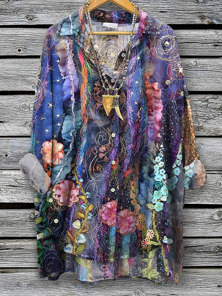 Women's Retro Flowers Art Print Casual Cotton And Linen Shirt