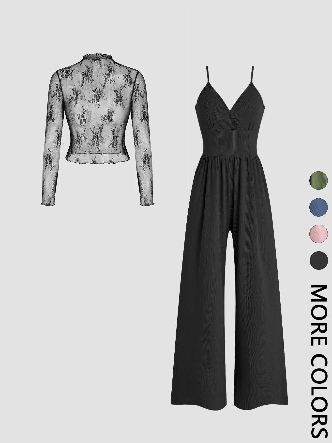 Valentine's Day Two-piece Set Women's Fitted Solid Color Lettuce Trim Mock Neck Sheer Lace Top & Pocket Wide Leg Cami Jumpsuit, Elegant Fashion Casual Two Piece Outfits for Daily Outdoor Wear, Women Clothes for Spring Fall, Womenswear Sleeves Lady