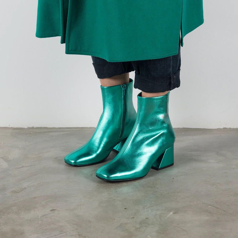 Green Square Toe Booties Mirror Leather Booties Chunky Low Heel Booties Nicepairs