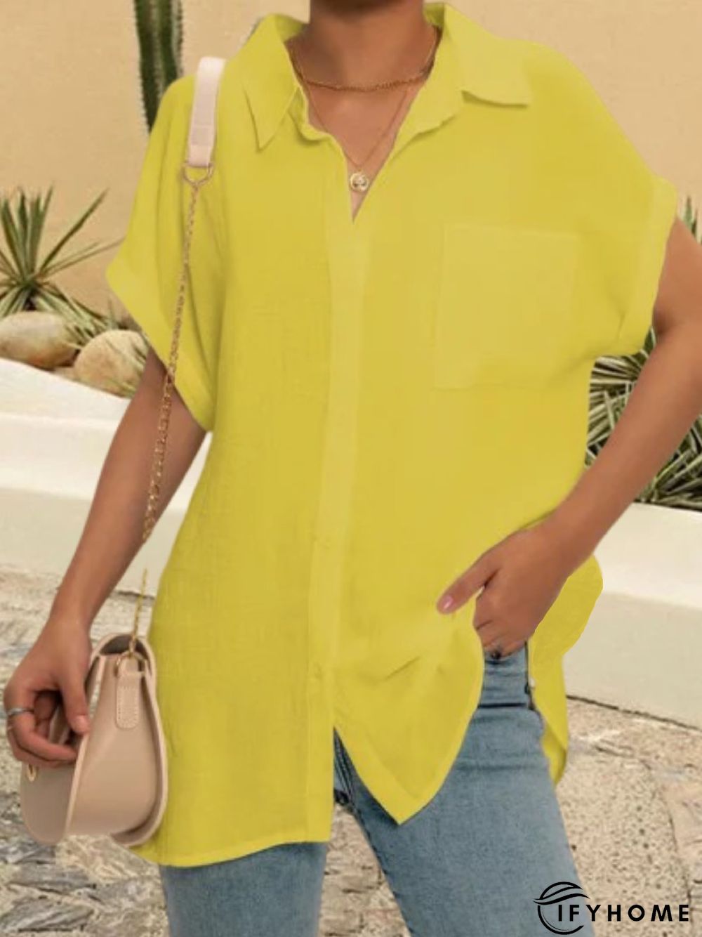 Women Solid Color V Neck Short Sleeve Casual Tunic Blouse | IFYHOME