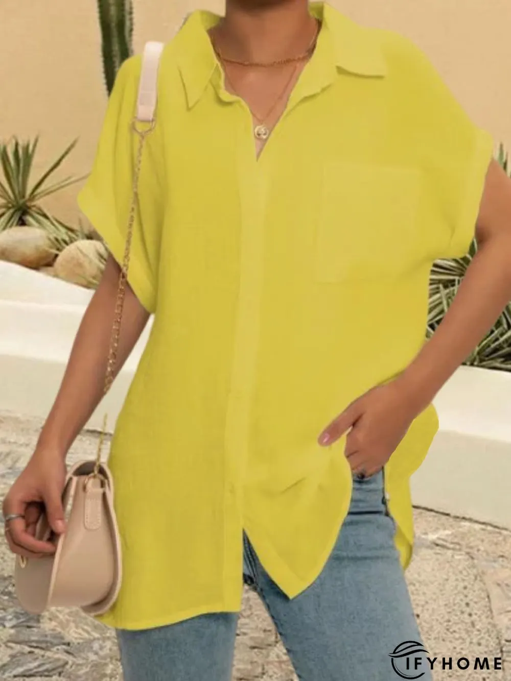 Women Solid Color V Neck Short Sleeve Casual Tunic Blouse | IFYHOME