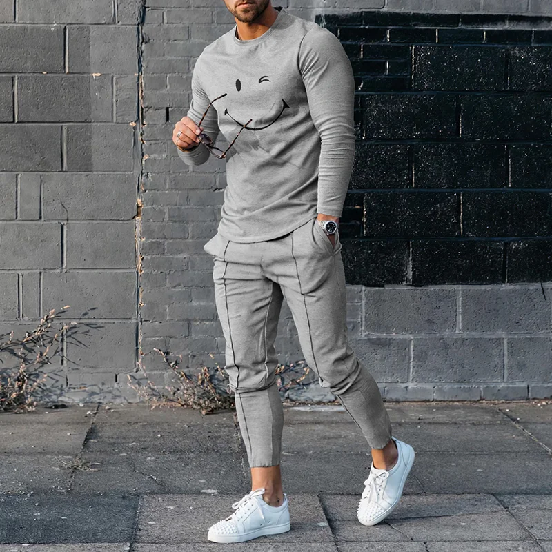 Gray Smiley T-Shirt And Pants Two Piece Set