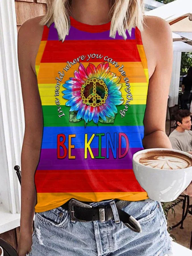 LGBT Be Kind Hippie Peace Sunflower In A World Where You Can Be Anything Print Tank Top socialshop