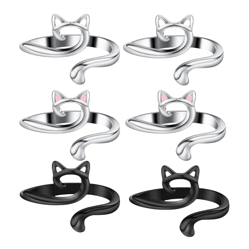 6pcs Cute Cat Shape Crochet Ring Adjustable for Knitting Braiding Sewing